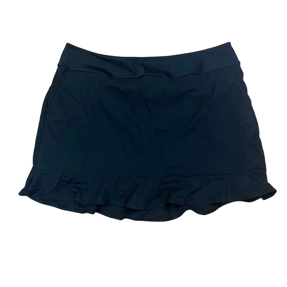 Adidas Skort Skirt Lined W/ Shorts Solid Black Ruffle Hem Tennis Zip Pockets XL